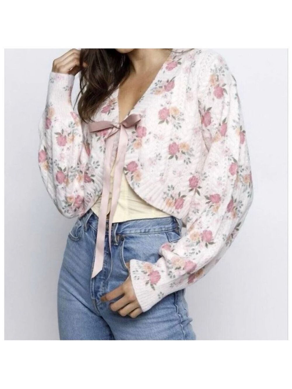 NWT Women's STORIA Floral Cropped Cardigan S Pink Zimmerman Inspired